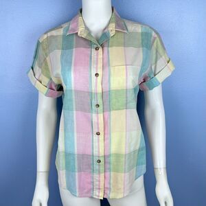 Vintage Allen Solly 6 100% Cotton Pastel Plaid Button Collar Small Shirt Top